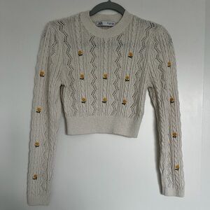 Zara Cream Cable-Knit Cropped Sweater with Yellow Rose Details